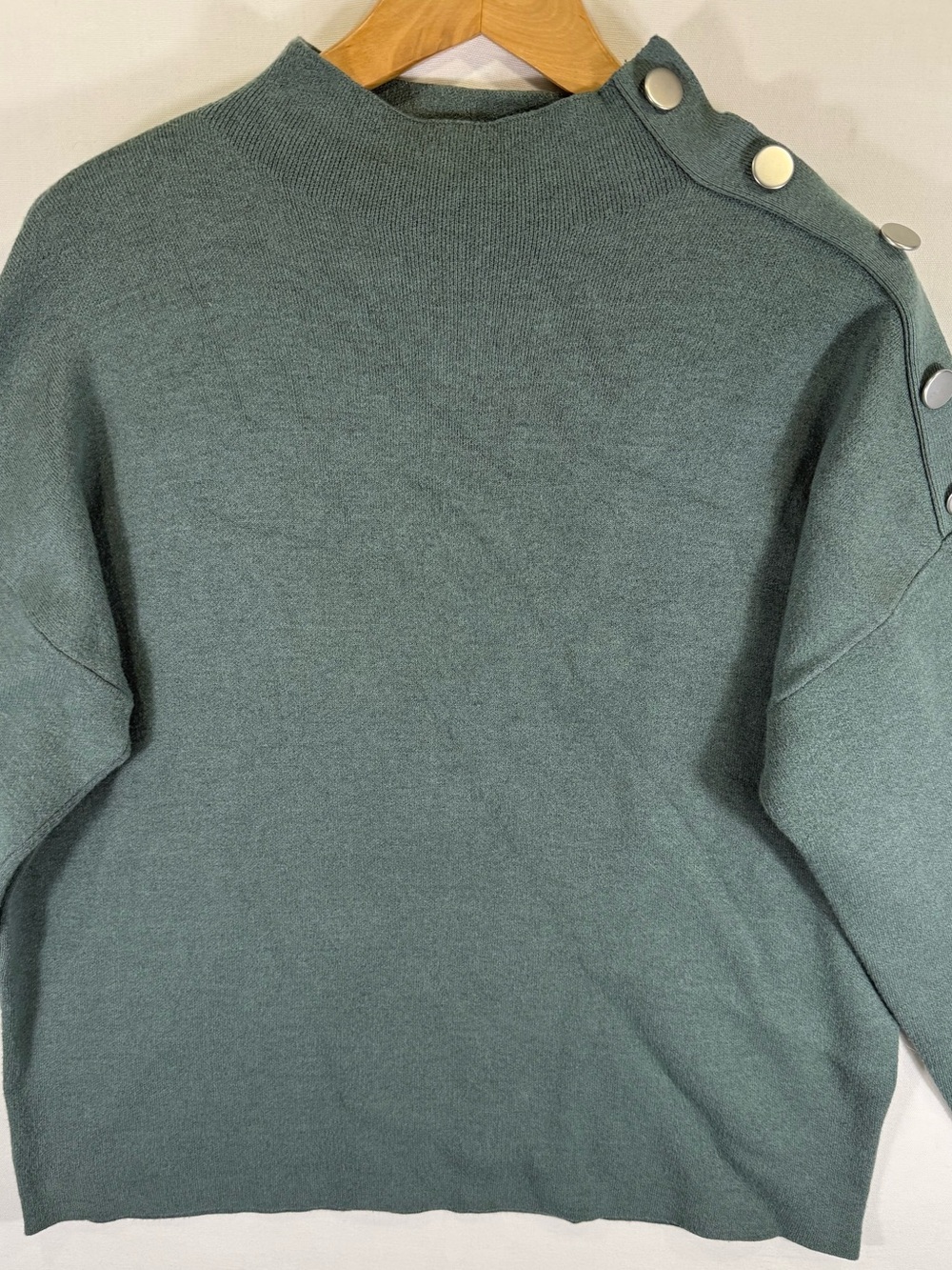 Tahari Slate Green Crewneck Sweater with Shoulder Snap Details